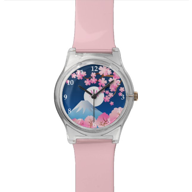 Mt Fuji Cherry Blossoms Spring Japan Night Sakura Wristwatch (Close Up)