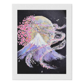 Mt. Fuji Moon with Blossoms - Faux Canvas Wrap