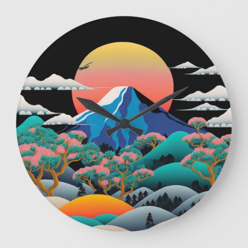 Mt Fuji Sunset and Cherry Blossoms Large Clock
