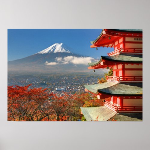 Mt Fuji viewed from behind Chureito Pagoda Poster