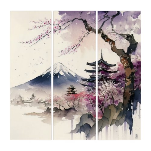Mt Fuji Watercolor Art Triptych