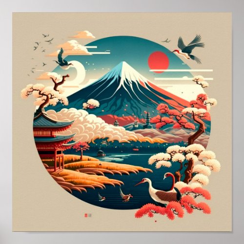 Mt Fuji with Japanese landscape in vintage style Poster