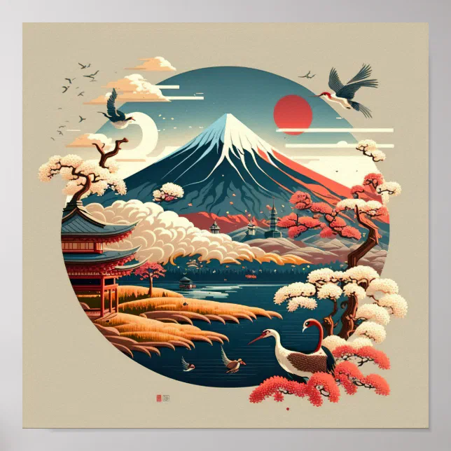 Mt. Fuji with Japanese landscape in vintage style. Poster | Zazzle