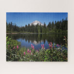 Mt Hood Lake Reflection Jigsaw Puzzle<br><div class="desc">A gorgeous photo of Mt Hood reflected in Mirror Lake with pink wildflowers in the foreground.</div>