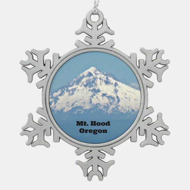 Mt. Hood, Oregon Snowflake Pewter Christmas Ornament (Front)