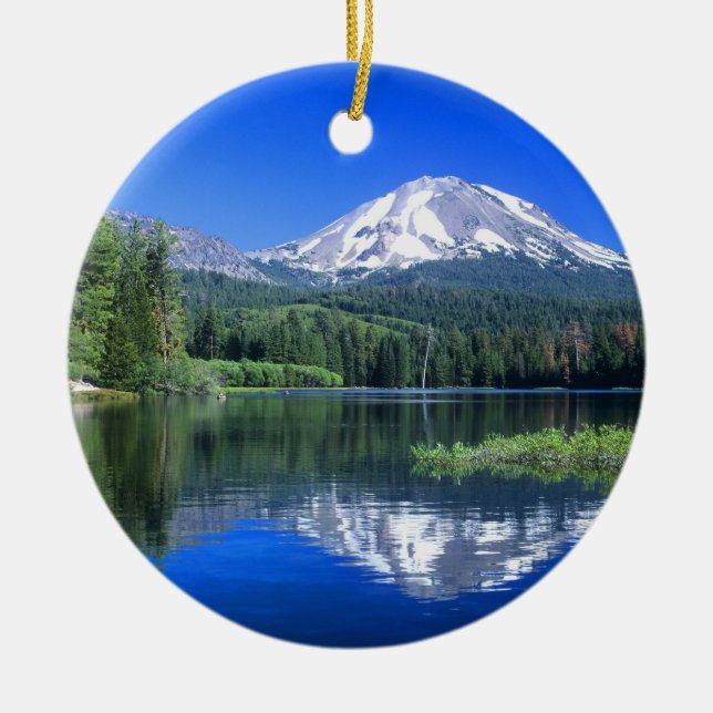 Mt. Lassen rises above Manzanita Lake Ceramic Ornament (Front)