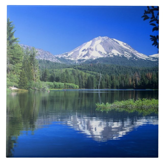 Mt. Lassen rises above Manzanita Lake Ceramic Tile (Front)