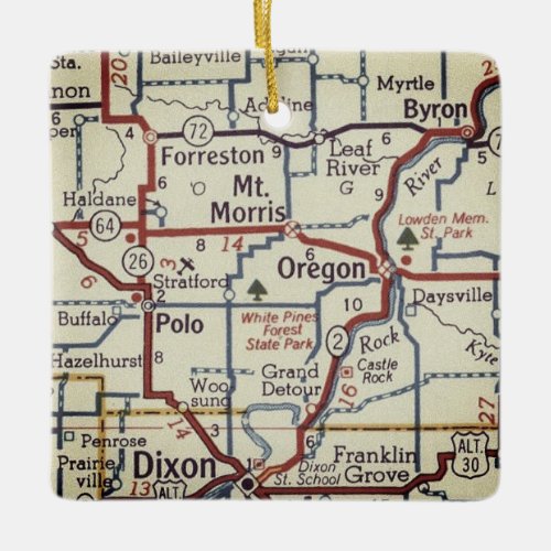 Mt Morris and Oregon Illinois Vintage Map Ceramic Ornament