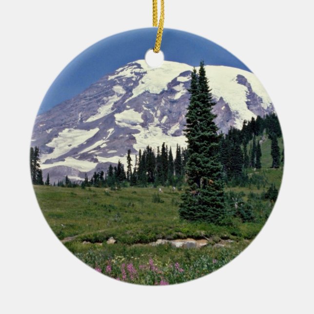 Mt. Rainer, Washington Red flowers Ceramic Ornament (Front)