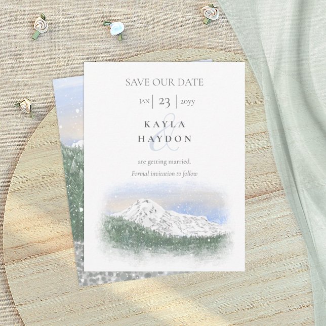 Mt Rainier, Falling Snow Wedding Save the Date Invitation (Mount Mt. Rainier save the date wedding card, Snow falling, trees forest, rustic winter mountains)