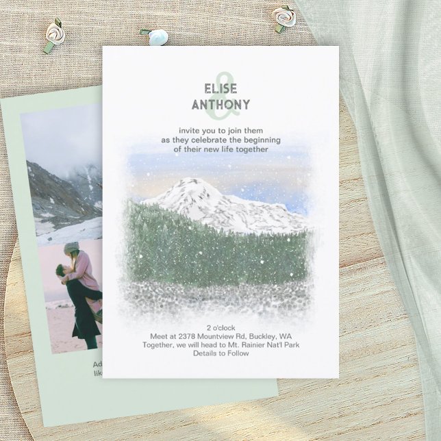 Mt. Rainier, Falling Snow, Winter Green Wedding Invitation (Mt. Rainier, mountain wedding invitation card, light green dusty blue, pacific northwest theme)