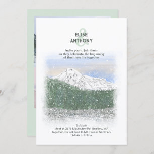 Mt. Rainier, Falling Snow, Winter Green Wedding Invitation