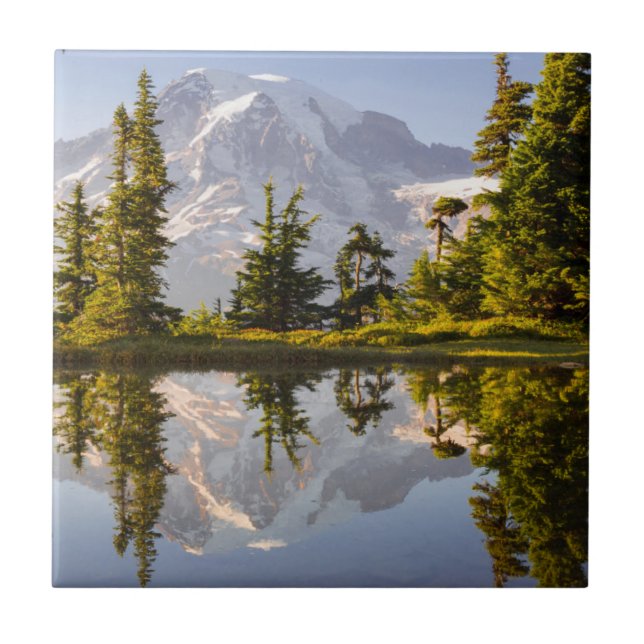 Mt. Rainier reflected in a tarn near Plummer Peak Ceramic Tile (Front)