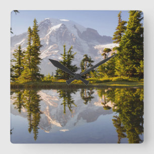 Mt. Rainier reflected in a tarn near Plummer Peak Square Wall Clock
