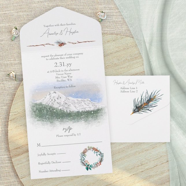 Mt. Rainier, Snow, Pinecones, Pine Needles All In One Invitation (Mt. Rainier, snow mountain wedding invitation card, pine trees, pacific northwest, winter wedding)