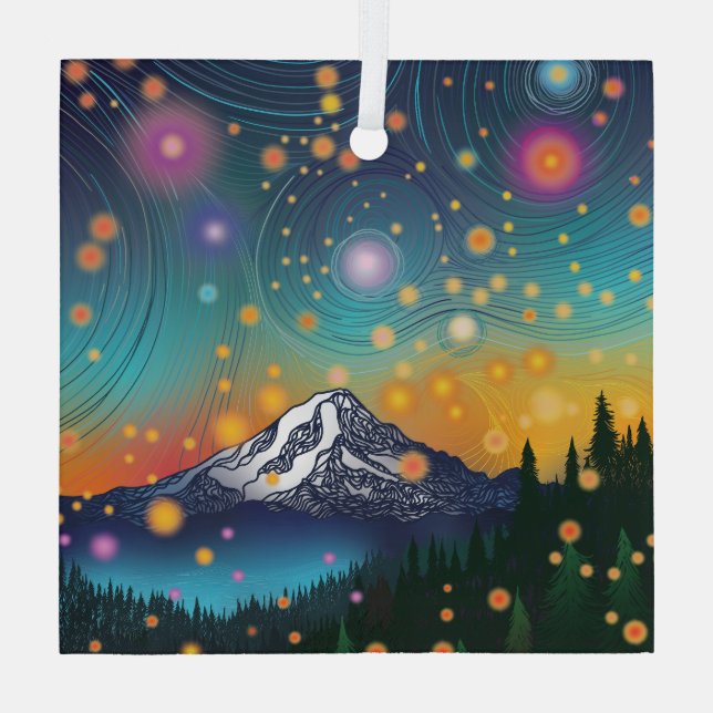 Mt. Rainier w Evening Starry Sky and Fireflies Glass Ornament (Back)