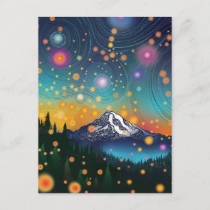 Mt. Rainier w Evening Starry Sky and Fireflies Holiday Postcard