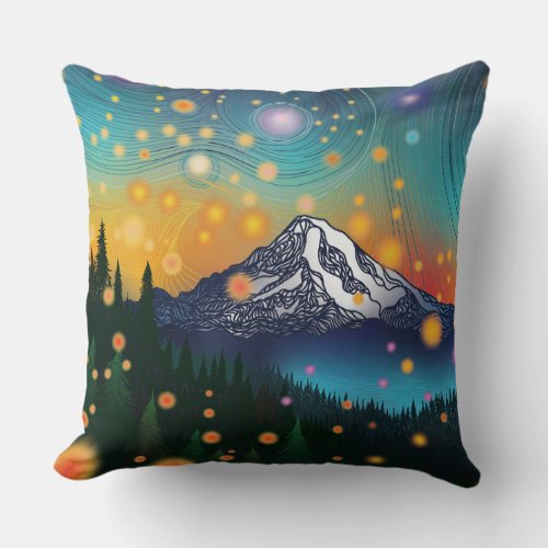 Mt Rainier w Evening Starry Sky and Fireflies Throw Pillow