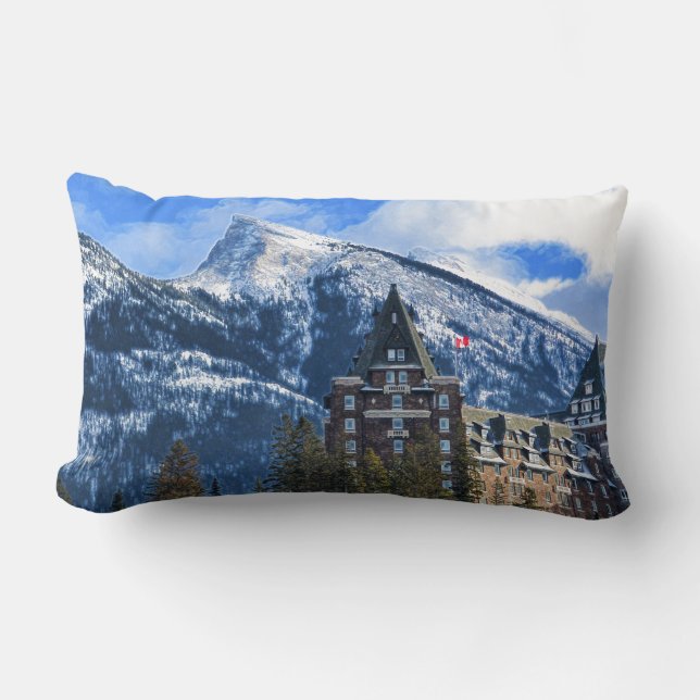 Mt Rundle and Famous Hotel, Banff, Alta, Canada Lumbar Pillow (Front)