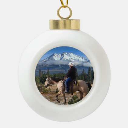 MT SHASTA WITH HORSE AND RIDER CERAMIC BALL CHRISTMAS ORNAMENT