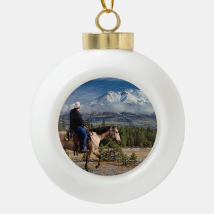MT SHASTA WITH HORSE AND RIDER CERAMIC BALL CHRISTMAS ORNAMENT