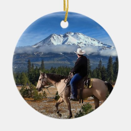 MT SHASTA WITH HORSE AND RIDER CERAMIC ORNAMENT