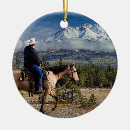 MT SHASTA WITH HORSE AND RIDER CERAMIC ORNAMENT