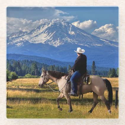 MT SHASTA WITH HORSE AND RIDER GLASS COASTER