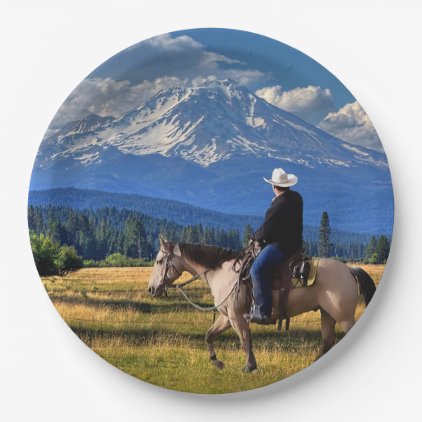 MT SHASTA WITH HORSE AND RIDER PAPER PLATE