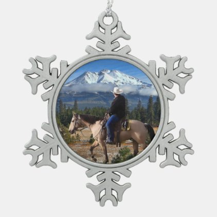 MT SHASTA WITH HORSE AND RIDER SNOWFLAKE PEWTER CHRISTMAS ORNAMENT