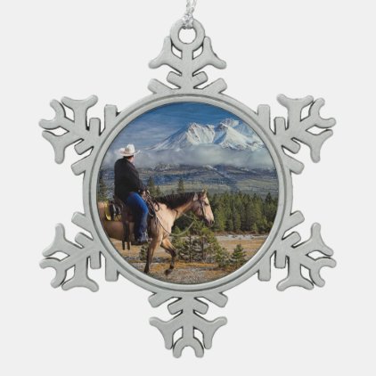 MT SHASTA WITH HORSE AND RIDER SNOWFLAKE PEWTER CHRISTMAS ORNAMENT
