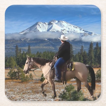 MT SHASTA WITH HORSE AND RIDER SQUARE PAPER COASTER