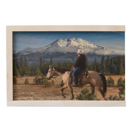 MT SHASTA WITH HORSE AND RIDER WOODEN KEEPSAKE BOX