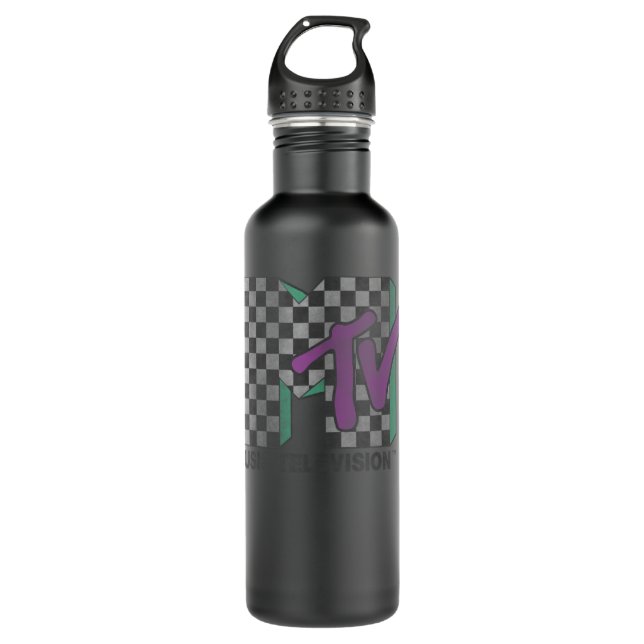 MTV Checkered Distressed Retro Logo 519 Stainless Steel Water Bottle (Front)
