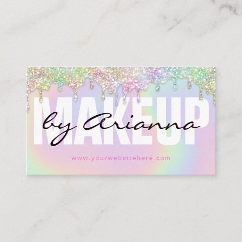 MUA Makeup Artist Holographic Rainbow Glitter Drip Business Card