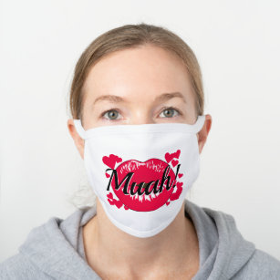 Muah! Cute and Fun Kissing Lips & Hearts White Cotton Face Mask