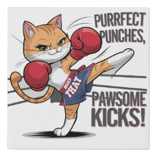 Muay Thai Cute Boxing and Kicking Cat Foam Board Faux Canvas Print