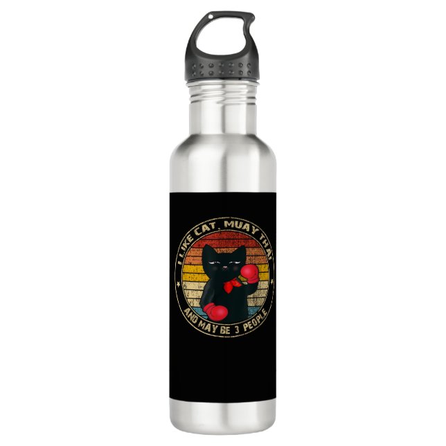 Muay Thai Funny Cat Kickboxing Thailand Boxing Cat Stainless Steel Water Bottle (Front)