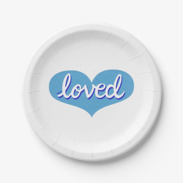 MUCH LOVED -Blue love heart Paper Plates (Front)