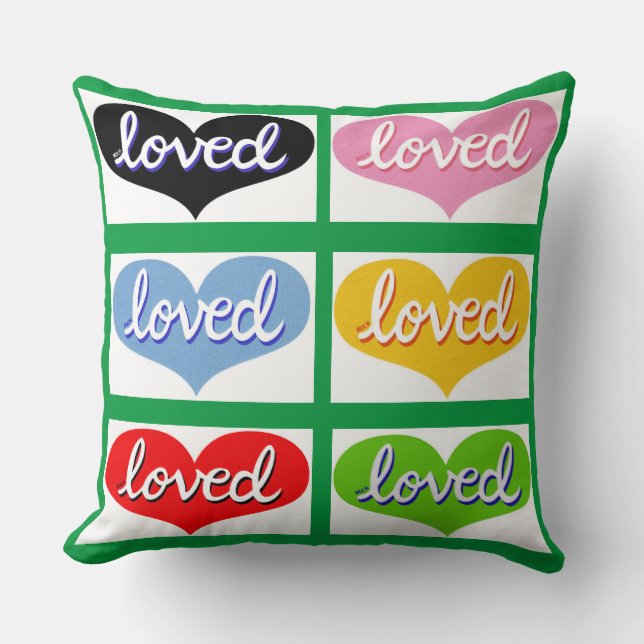 MUCH LOVED-  Multi-coloured love hearts- boy/girl Throw Pillow (Front)