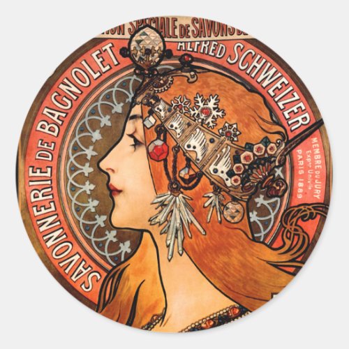 Mucha Art Nouveau Bagnolet Lady Classic Round Sticker