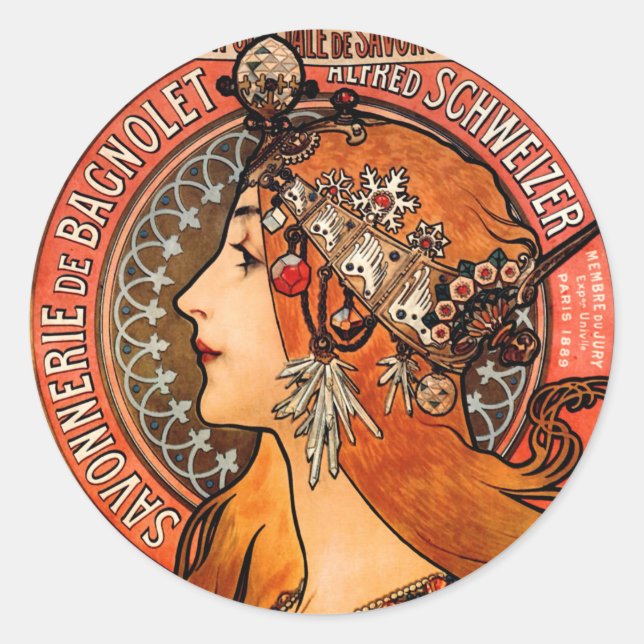 Mucha Art Nouveau Bagnolet Lady Classic Round Sticker (Front)