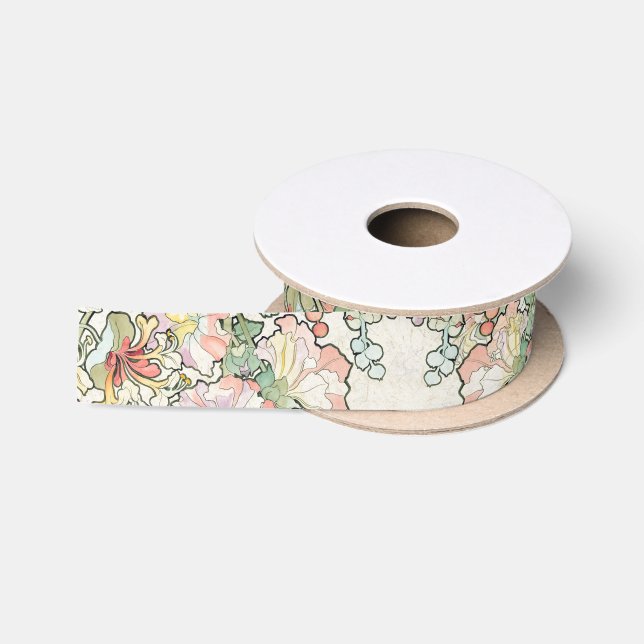Mucha Art Nouveau Hollyhock Art Flowers Ribbon (Spool)