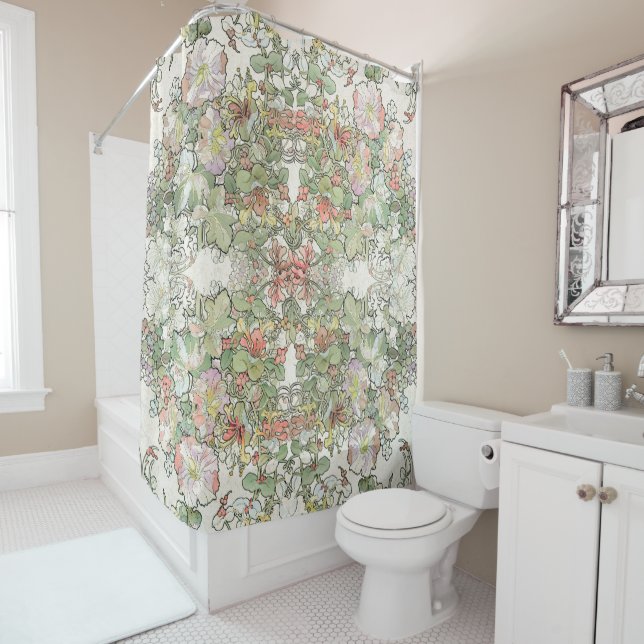 Mucha Art Nouveau Hollyhock Flowers Shower Curtain (In Situ)