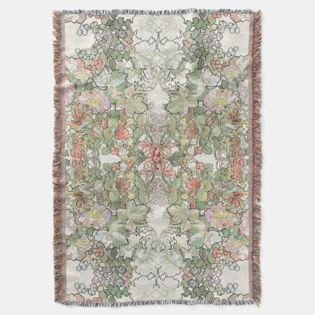 Mucha Art Nouveau Hollyhock Flowers Throw Blanket (Front Vertical)