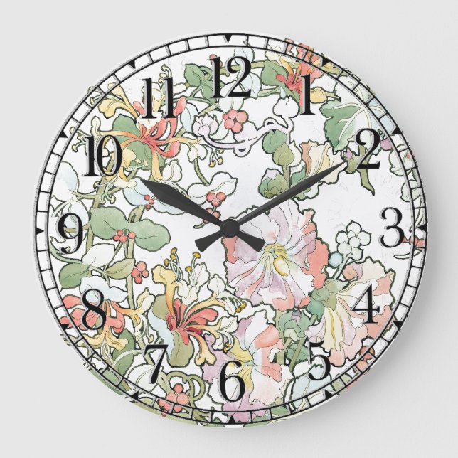 Mucha Art Nouveau Hollyhock Flowers Wall Clock (Front)