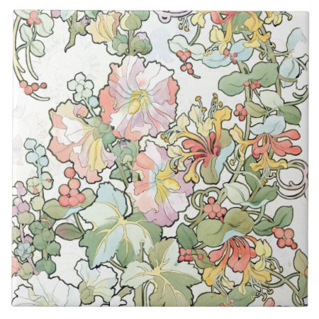 Mucha Art Nouveau Hollyhocks Floral Tile