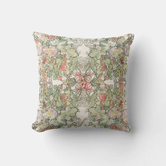 Mucha Art Nouveau Honeysuckle Flowers Throw Pillow (Front)