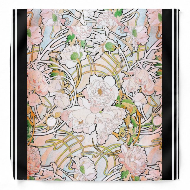 Mucha Art Nouveau Peony Floral Striped Bandana (Front)