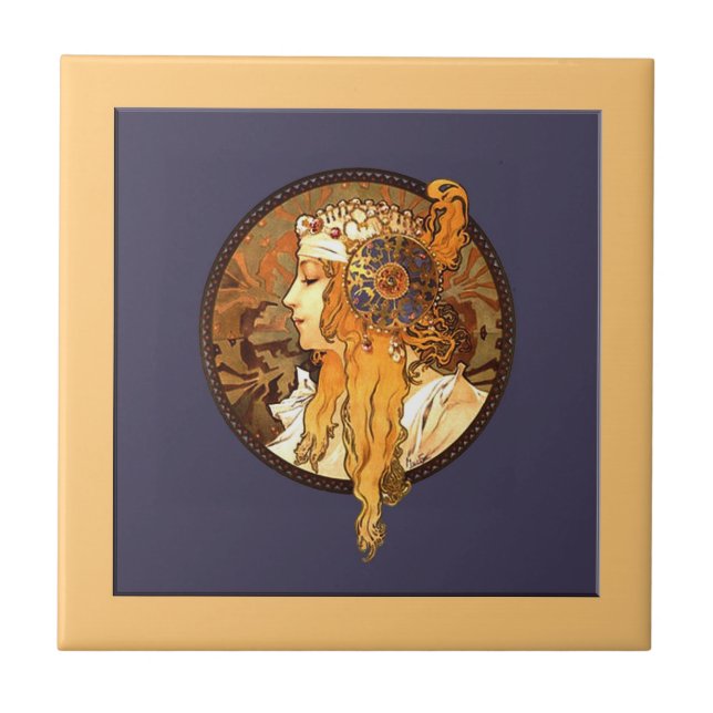 Mucha Art Nouveau Portrait Ceramic Tile (Front)